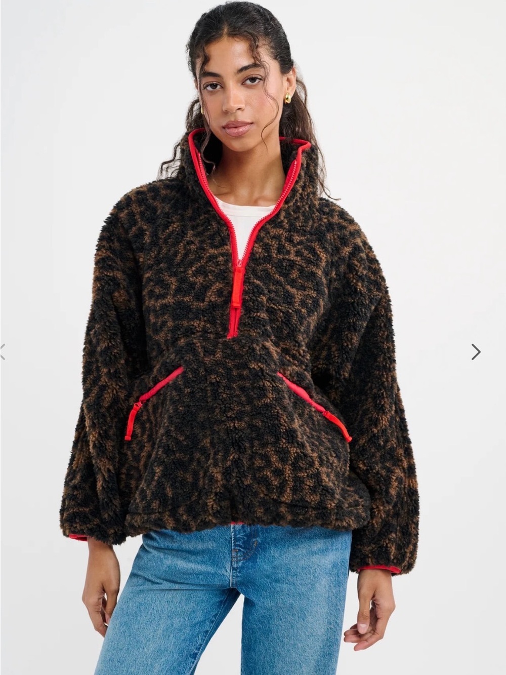 Rumored Leopard-Print Teddy Pullover Jacket with Red Trim